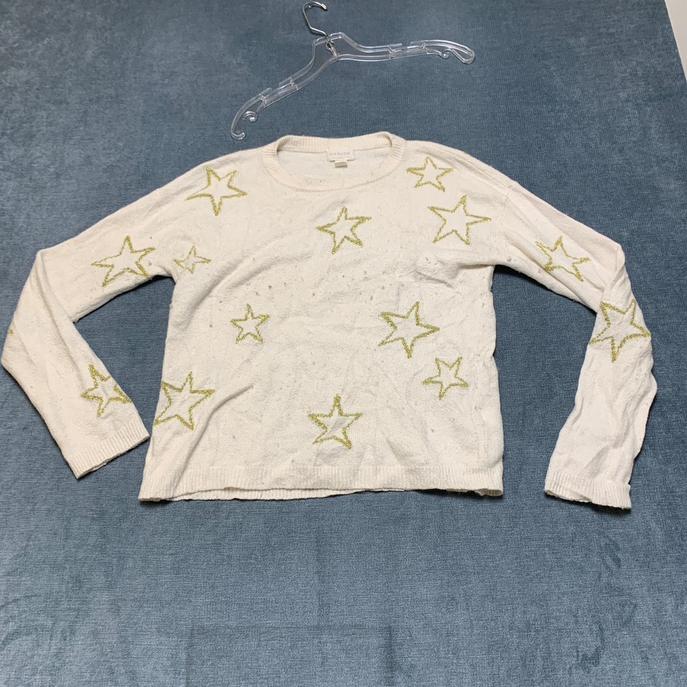 Caslon Sweater Womens Small White Star Embellished Knit Long Sleeve Pullover
